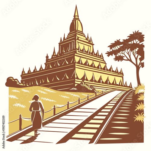 A stylized illustration depicts a woman walking towards a grand tiered temple reminiscent of southeast asian architecture and serene landscapes high quality