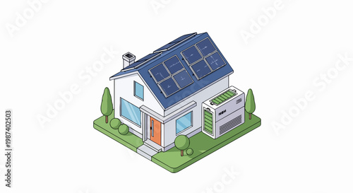 Modern Isometric House with Solar Panels and Energy Storage Battery System for Renewable Green Power
