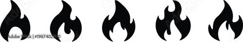 Five black flame icons representing fire with camp fire collection silhouette illustration isolated background ignition combustion abstract