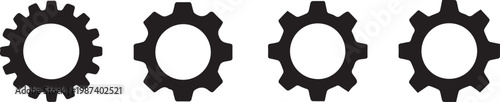 Set of four stylized gear icons with different tooth counts and designs mechanical machinery industry mechanism technology rotation template collection silhouette abstract