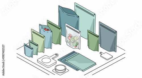 Isometric Set of Flexible Packaging Pouches and Doypack Mockups for Food and Product Storage