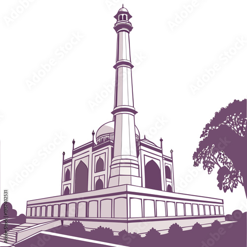 A stylized vector illustration depicts the taj mahal showcasing its iconic minarets dome and symmetrical architecture in shades of purple high quality