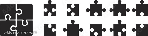 Collection of black puzzle piece icons including a four piece assembled puzzle with solution icon solution challenge connection strategy teamwork abstract illustration
