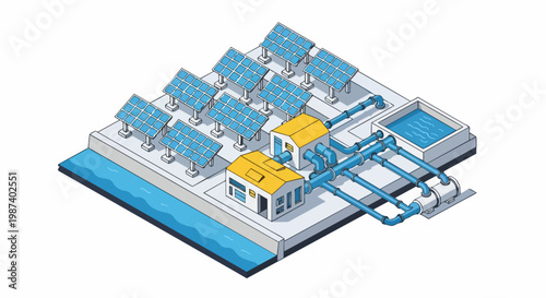 Isometric Illustration of a Solar-Powered Water Treatment Plant and Renewable Energy Infrastructure