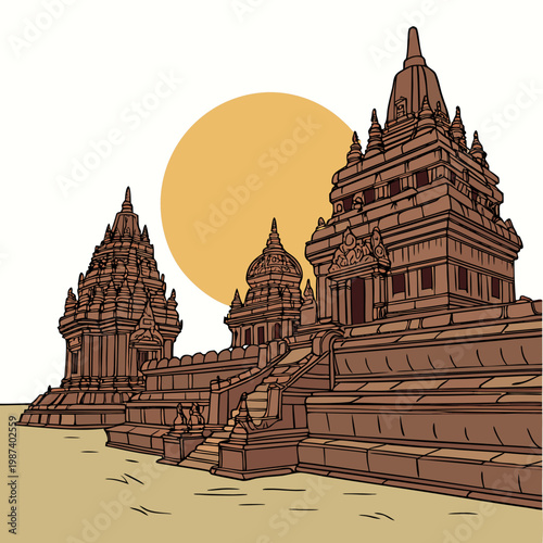 A detailed illustration depicts borobudur temple in java indonesia bathed in the warm glow of a setting sun showcasing its intricate architecture