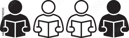 Four stylized figures reading open books two in solid black and two in outline education learning knowledge information silhouette illustration curiosity curriculum document