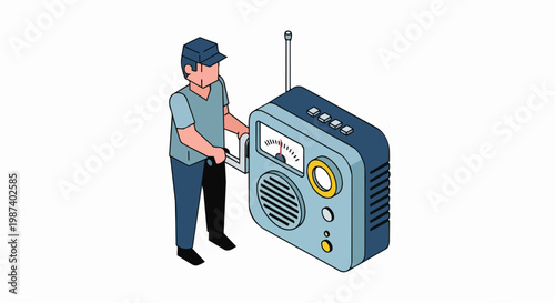 Isometric Illustration of a Technician Operating a Vintage Radio Receiver with a Crank Handle, Retro Communication Concept Isolated on White