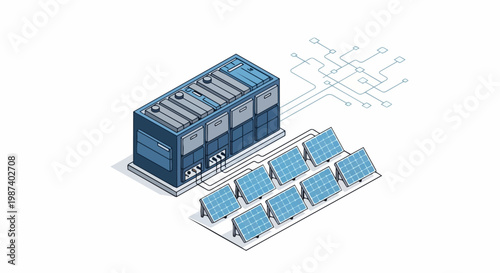 Isometric Illustration of a Container-Based Battery Energy Storage System (BESS) Integrated with Solar Panels and Power Grid Network Connectivity