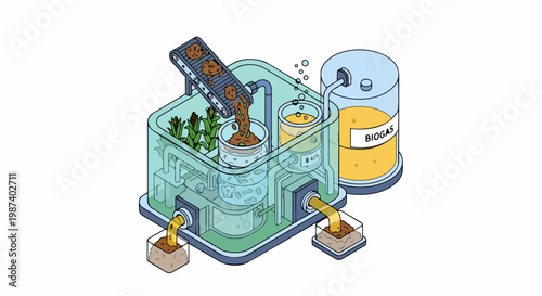 Isometric Illustration of a Biogas Production Plant for Renewable Energy, Showing the Waste-to-Energy Process with Fermentation Tanks and Organic Storage