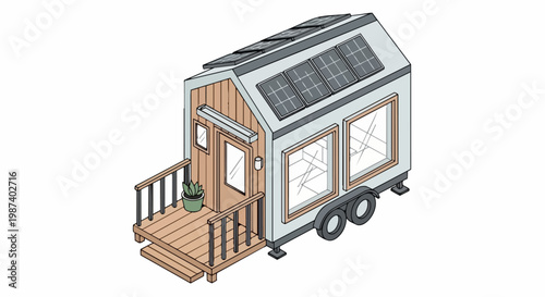 Isometric Tiny House on Wheels with Solar Panels - Modern Sustainable Mobile Home Illustration