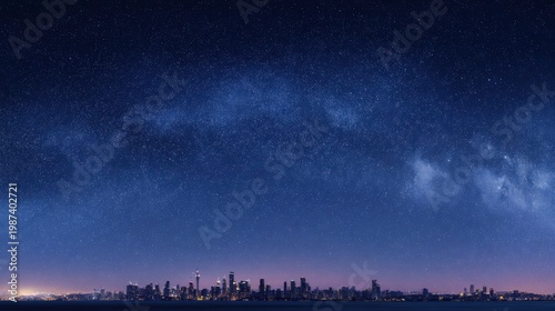 City Skyline Under Starry Night Sky With Milky Way. Urban Landscape Meets Cosmic Beauty