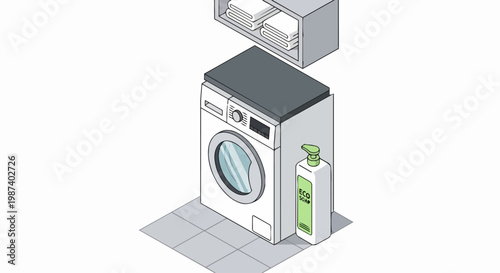Modern Laundry Room Scene with Washing Machine, Eco-Friendly Detergent, and Folded Towels Isometric Vector Illustration