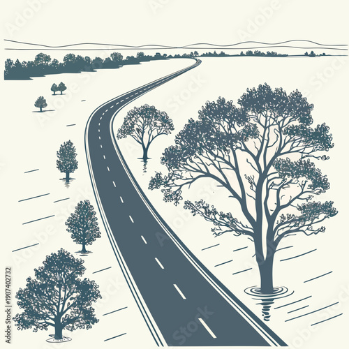 A winding road stretches into the distance flanked by trees and partially submerged in a watery landscape evoking a serene atmosphere