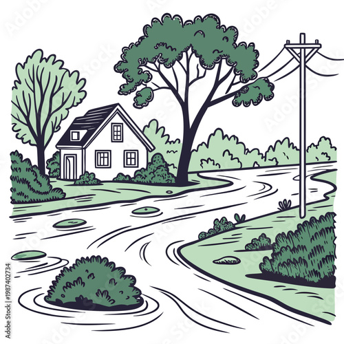 A quaint idyllic cottage stands beside a winding road partially submerged in floodwater depicting a serene yet concerning scene high quality professional