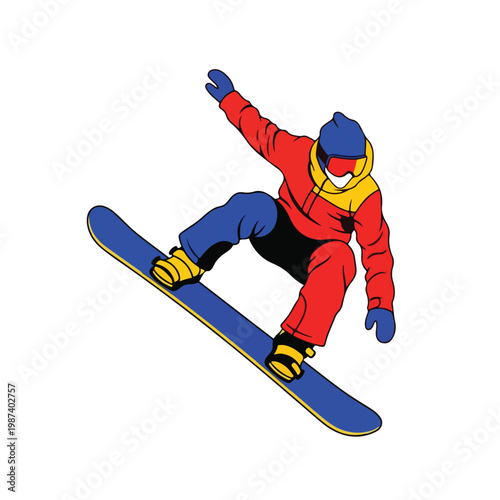 A snowboarder in a red jacket and blue pants performs a trick on a blue snowboard against a white background with a dynamic and action-packed mood.