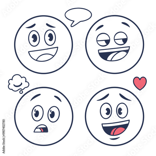 A collection of four cartoon emoticons displays a range of emotions including happiness sadness surprise and playful excitement high quality professional detailed