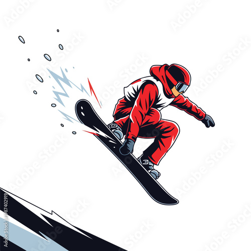 A snowboarder in a red snowsuit performs a trick on a snowboard with motion lines on a white background.