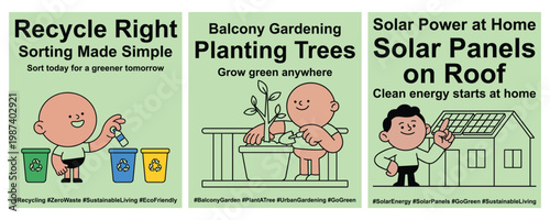 Educational posters illustrating environmental habits for sustainable living, recycling waste properly, balcony gardening, solar power panels.