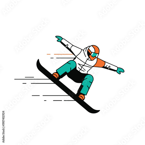 A snowboarder in a white and orange snowsuit performs a snowboarding trick on a black snowboard with motion lines against a clean white background.