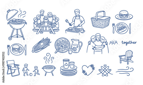 Family outdoor picnic illustration featuring grilled food and summer activities, backyard barbecue gathering, park dining collection, social icons.