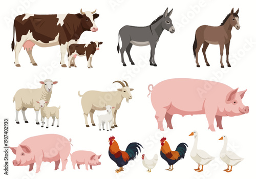 Farm Animals Collection Illustration with Cow, Pig, Sheep, Goat, Donkey, Horse, and Poultry Isolated on White