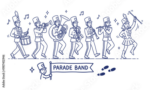 Marching band musicians playing instruments in a parade, musical performers walking together, rhythmic brass woodwind players, festive celebration procession.