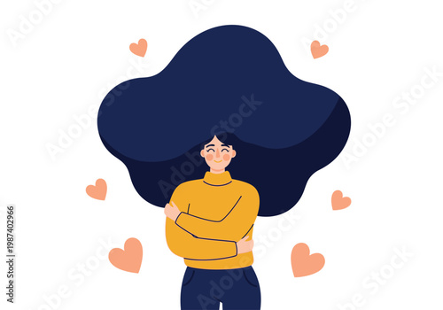 Self Love and Mental Health Concept Illustration of a Woman Hugging Herself with Floating Hearts for Body Positivity and Wellness