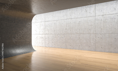 Empty modern concrete room with wooden floor 3d
