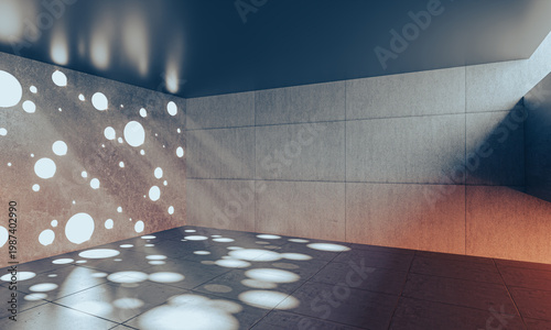 Abstract concrete room 3d circular light patterns