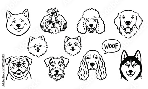 Black and white line art illustration featuring various canine head portraits, drawing collection, pet sketches, doggy faces.