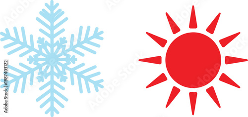 Vector illustration of a light blue snowflake and a red sun icon representing hot and cold weather Vector