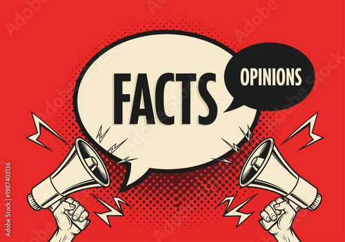Retro Pop Art Illustration of Facts and Opinions Speech Bubbles with Megaphones