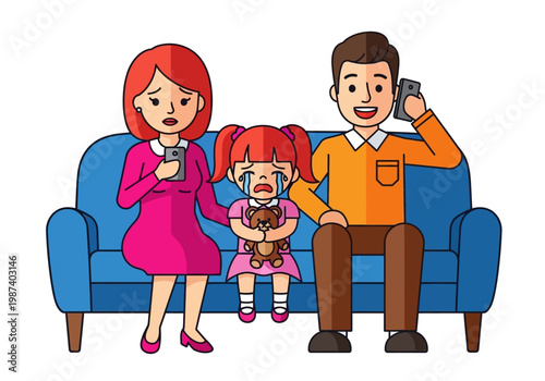 Parents Using Smartphones Ignoring Crying Daughter on Sofa - Vector Illustration of Digital Addiction and Parental Neglect Concept