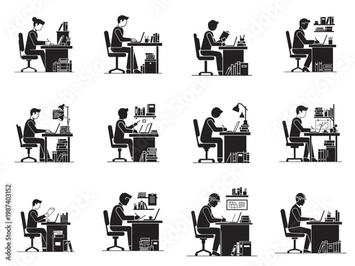 flat design office workers at desks vector illustration set