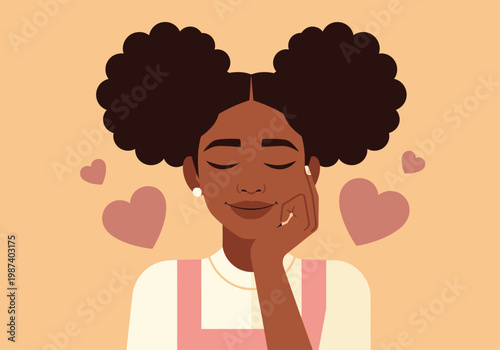Flat Vector Illustration of a Happy Young Black Woman with Afro Puffs and Hearts, Concept of Self-Love and Mental Wellness