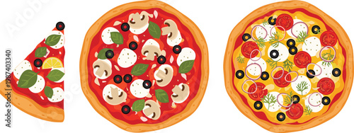 Delicious Pizza Vector Set with Whole Pizzas and Slice Featuring Toppings Like Pepperoni, Mushrooms, Olives and Vegetables for Food Menu Design