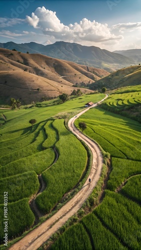 Winding dirt road through lush green rice terraces and rolling hills