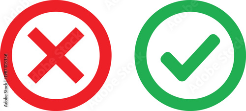 Green check mark and red cross symbols in circles isolated on a white background for design. Vector
