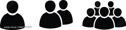 Set of black minimalist icons representing a single person, a pair, and a group of people Vector