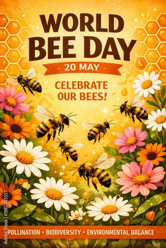 Poster celebrating World Bee Day - 20 May, featuring honeycomb patterns, bees in flight, and blooming flowers on a warm yellow and orange background.