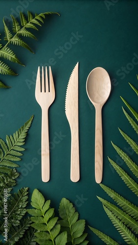 Eco friendly wooden cutlery set with green fern leaves on dark background