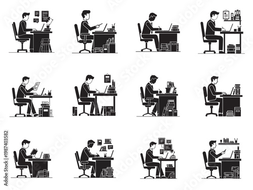 flat design office workers at desks vector illustration set