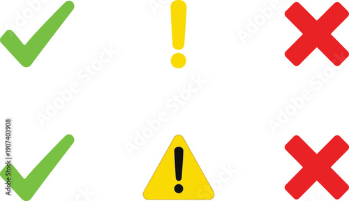 Set of green check marks, yellow exclamation points, and red cross marks icons on white background. Vector