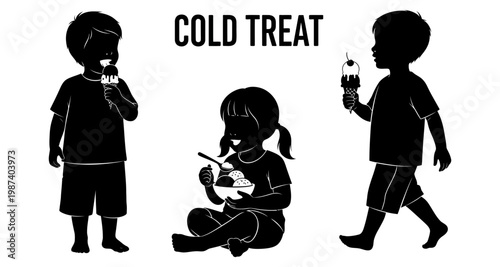 Children enjoying cold treats with ice cream and dessert during summer day