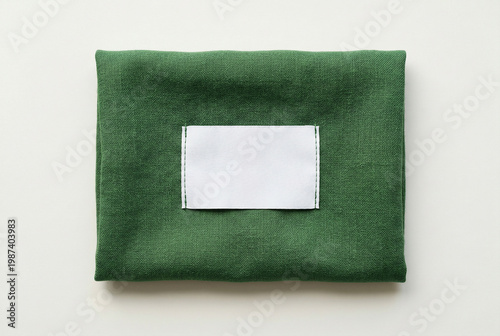 Green fabric folded with white blank rectangular tag stitched on front, realistic mockup for business product packaging.