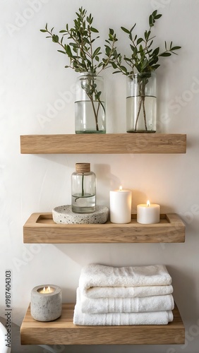 Serene bathroom shelves displaying greenery candles and rolled towels