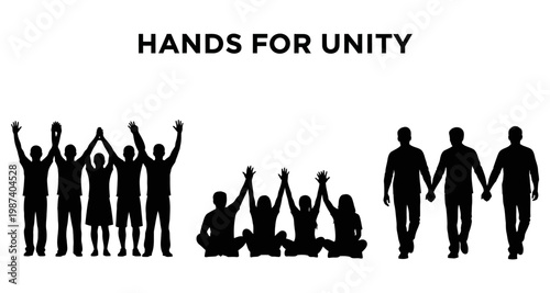 Diverse group of people raising hands in celebration and walking together in unity