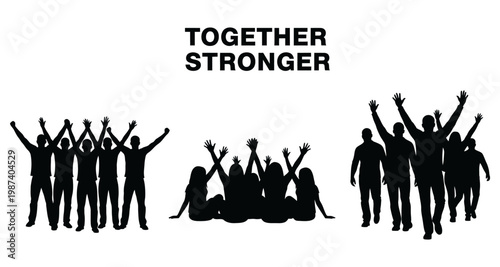 Diverse group silhouettes celebrating with raised arms for unity and strength