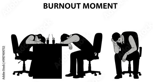 Exhausted office workers slumped over desks during a burnout moment concept