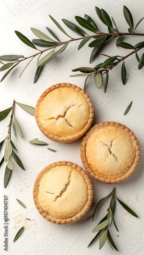 Three golden baked tarts with flaky crusts and olive branches